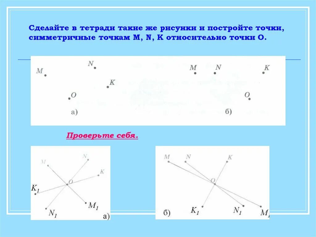 На рисунке показаны фигуры симметричные точки о. Симметричные точки. Симметричные точки задание. Построить точку симметричную точке. Рисунок относительно точки.