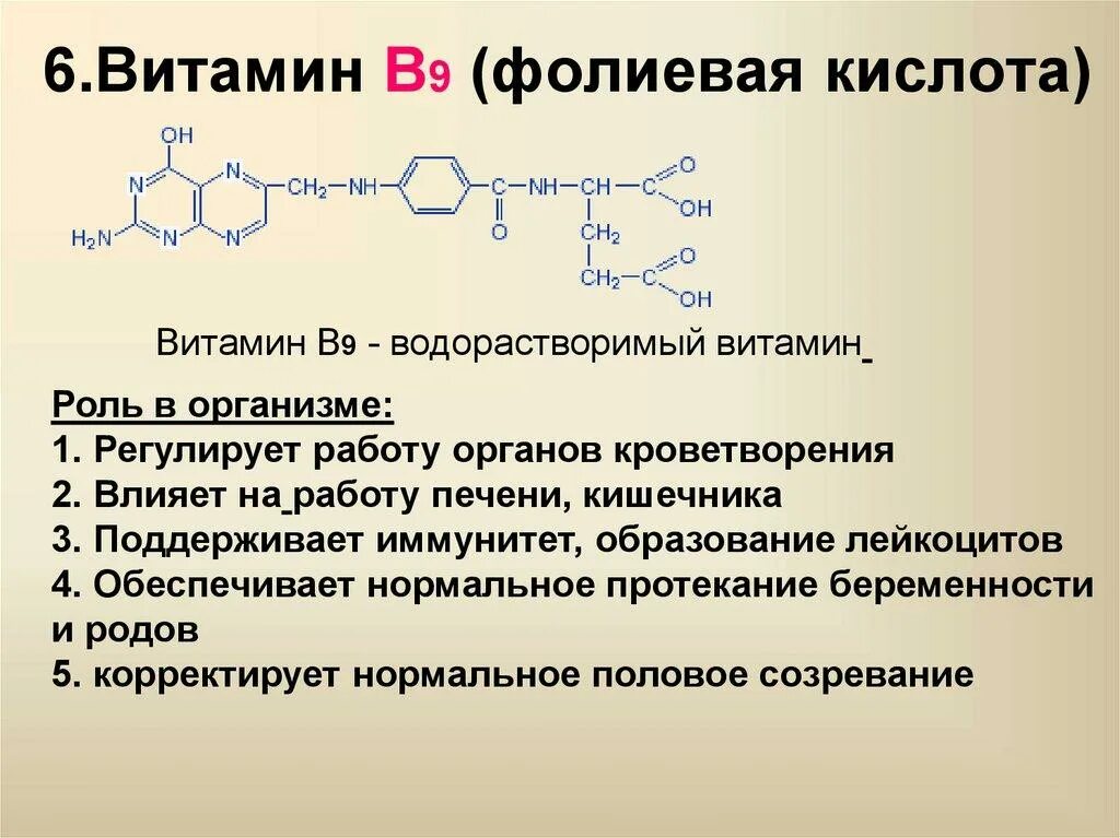 Побочные эффекты б6. Витамин b9 фолиевая кислота. Фолиевая кислота витамин в9. Кофермент витамина в9. Витамин b9 роль в организме.