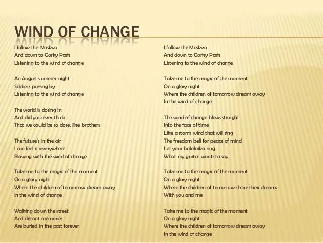 Песня скорпионс ветер перемен. Ветер перемен текст скорпионс. Wind of change текст. Scorpions Wind of change текст. Wind of change ветер перемен текст.