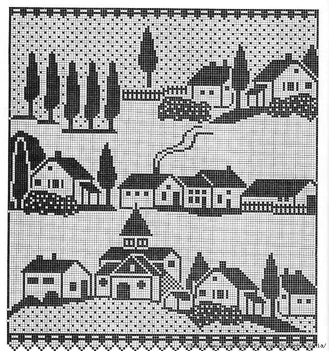 Город вязка. Вязаный городок. Монохромная вышивка город. Монохромная вышивка домики. Вязаный деревенский домик.