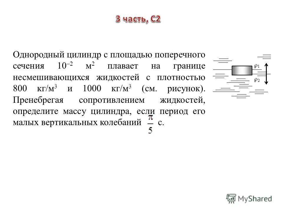 Однородный цилиндр плавает на границе несмешивающихся жидкостей. Однородный цилиндр с площадью поперечного. ЕГЭ по физике 2012. Цилиндр площадь поперечного сечения в м2.