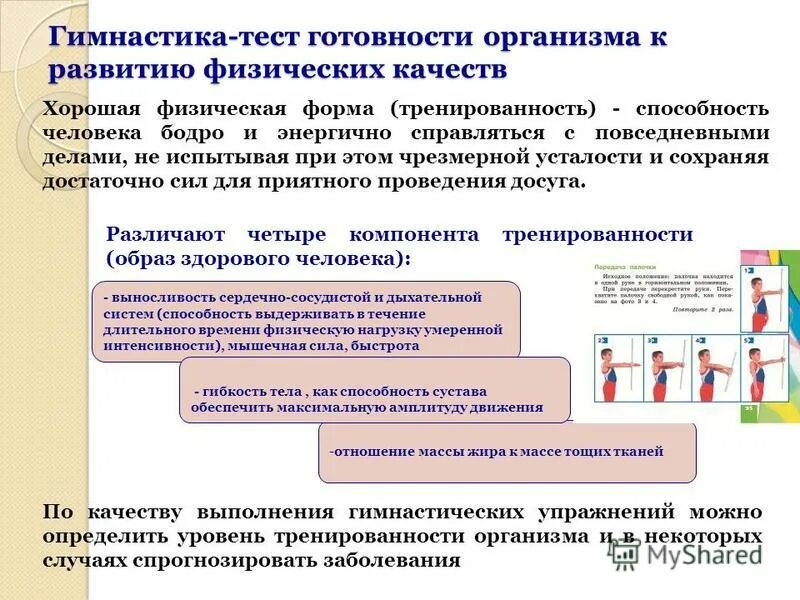 Уровни тренированности организма. Гимнастические тесты. Тест на гимнастику. Основные показатели тренированности организма человека.