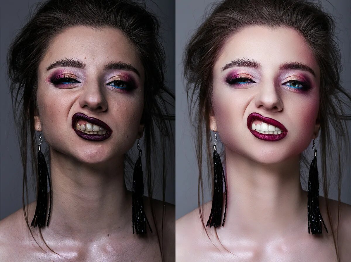 Техники обработки фото. Ретушь макияжа. Макияж до ретуши и после. Цветокоррекция в макияже. Цветокоррекция в фотошопе.