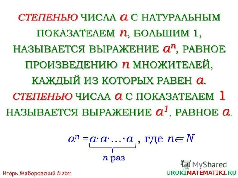 Показатель степени числа. Что называется степенью числа. степень числа с натуральным показателем. степенью числа а с натуральным показателем n называется. степень числа (показатель степени — n).