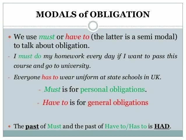 Must have to should obligation. Obligation модальный глагол. obligation and necessity модальные глаголы. modal verbs of obligation. modal verbs have to and must obligation.
