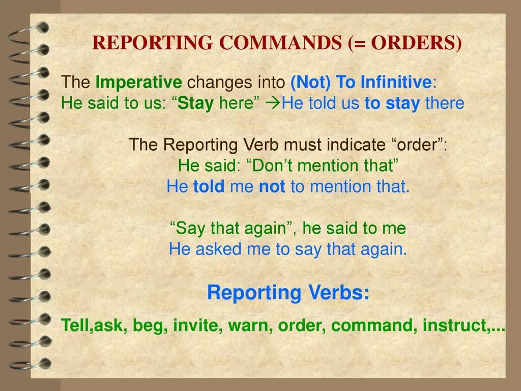 Reported Speech Commands. Reported orders and Commands. Reported Speech Commands and requests. Commands in reported Speech. Say the following statements in reported speech