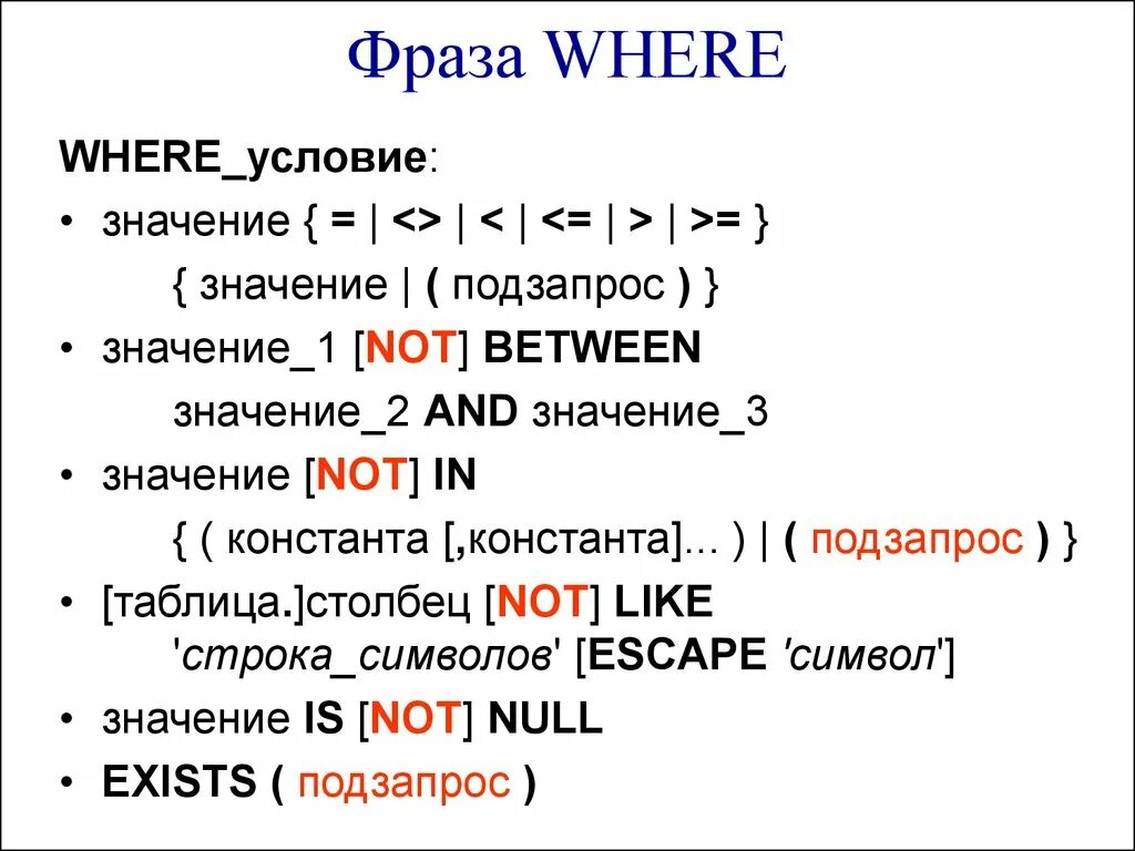 C в условии что означает. Условия where. Условие на значение. Escape символ SQL. Подзапросы в условии в выражении where.