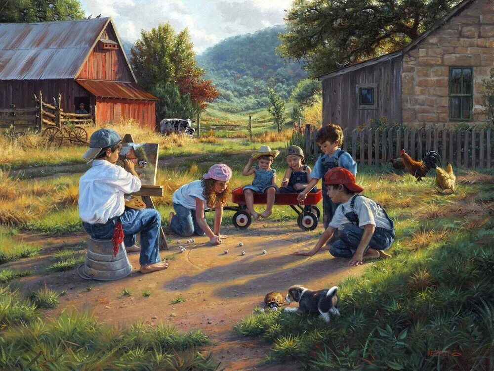 Обрадованная детвора. Художник Mark Keathley. Художник Mark Keathley деревенская жизнь.