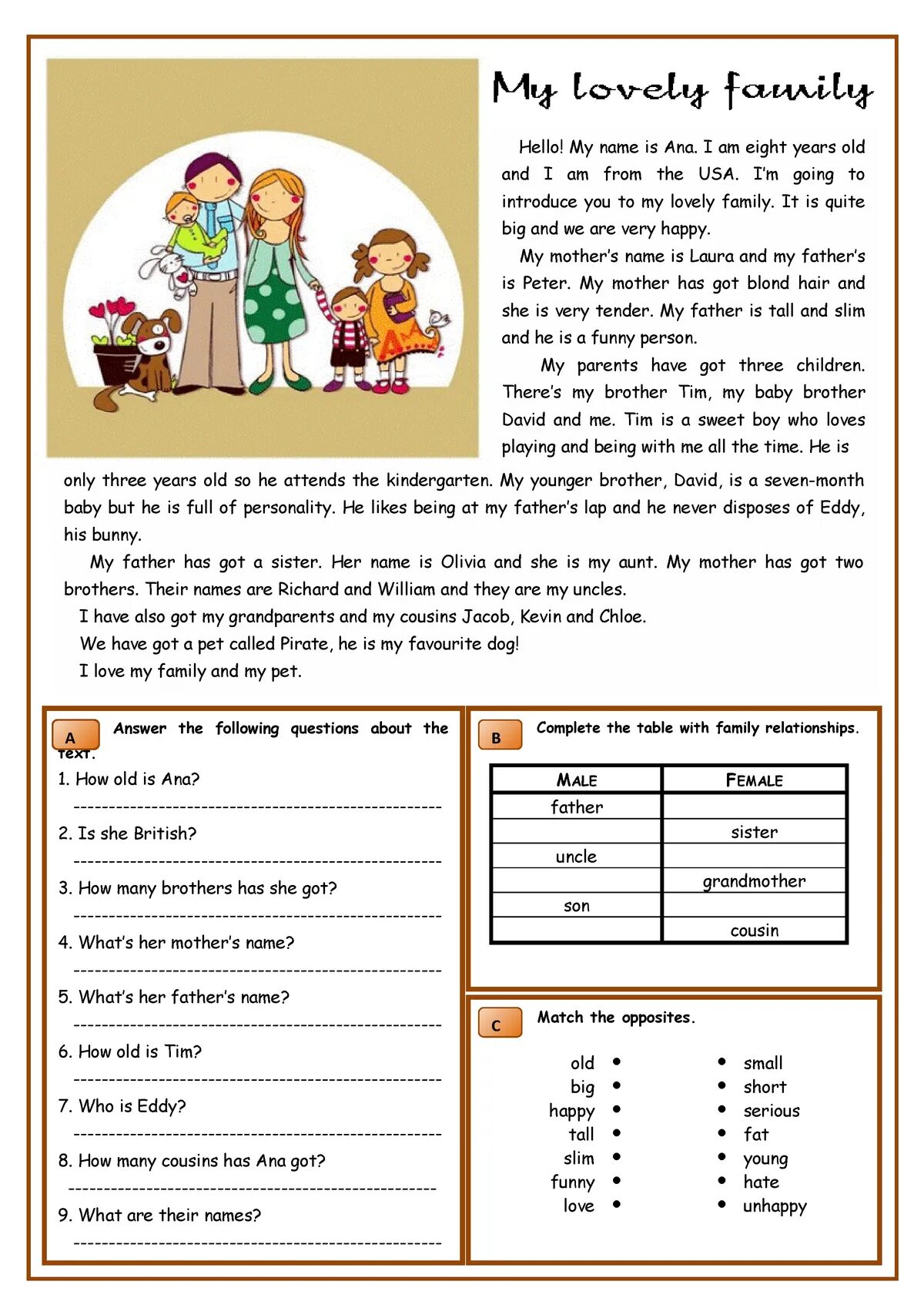 Text for elementary. Reading Comprehension английский. Чтение my Family for Kids. Задания English for Elementary. Чтение Elementary Worksheet.