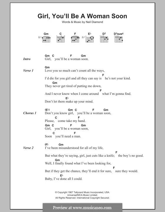 You be a woman soon перевод. Girl you'll be a woman soon Ноты на гитаре. Girl you'll be woman soon Ноты. Girl you will be a woman soon Ноты.