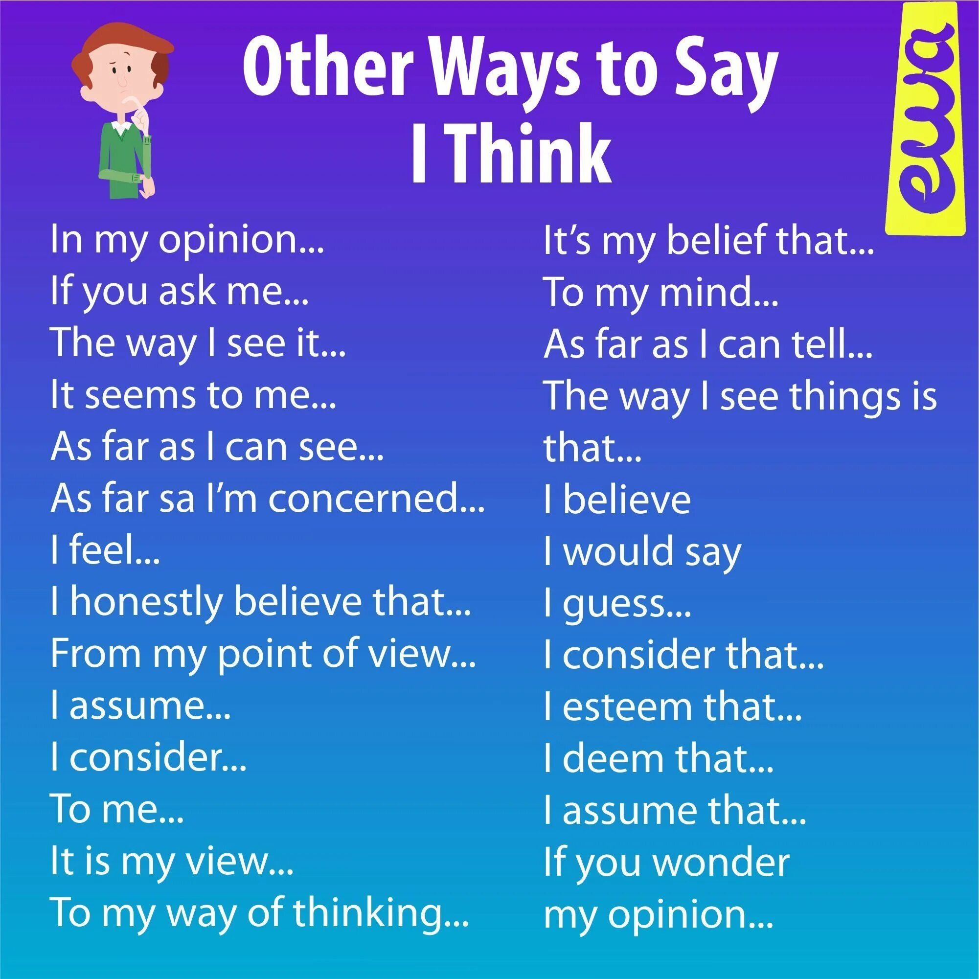 Say like. Other ways to say i think. Think синонимы на английском. Вместо i think. Фразы вместо i think.
