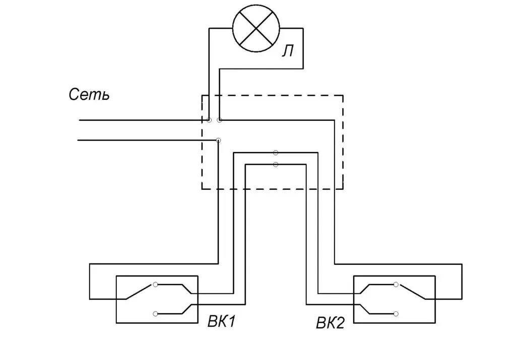 Соединение проходного выключателя. Схема соединения 2 проходных выключателей. Принципиальная электрическая схема проходного выключателя. Выключатель с двух мест схема подключения. Выключатель управление с двух мест схема подключения.