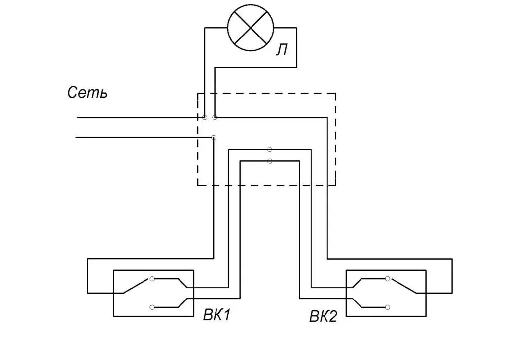 Соединение двух выключателей. Схема соединения 2 проходных выключателей. Принципиальная электрическая схема проходного выключателя. Выключатель с двух мест схема подключения. Выключатель управление с двух мест схема подключения.