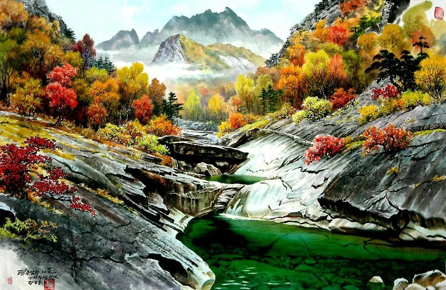 E painting. Корейская живопись. Пейзажи Северной Кореи живопись. Масляные пейзажи Кореи. Лес мудрости Корея.