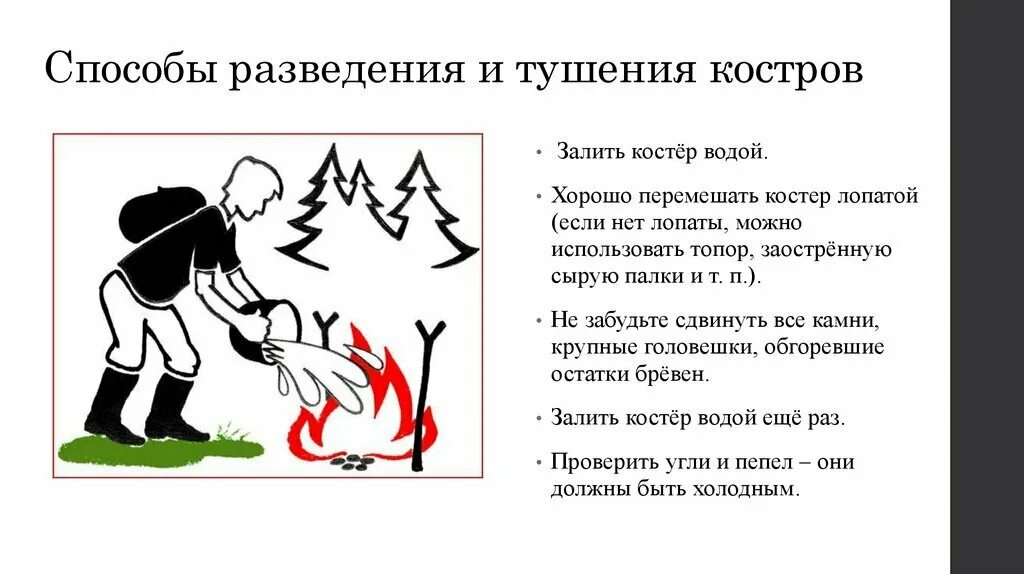 Как развести костер при разной погоде обж. Правила тушения костра. правила тушения костров. способы способы разведения костров. тушить костер.