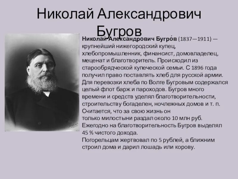 Сообщение о русских благотворителях. Купец Бугров Нижний Новгород. Нижний Новгород купец меценат Бугров.