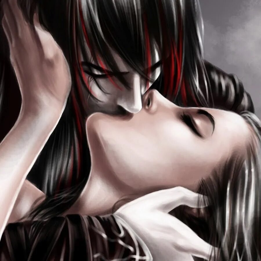Любовь арт. Поцелуй демона. Вампир и девушка любовь. Поцелуй фэнтези.