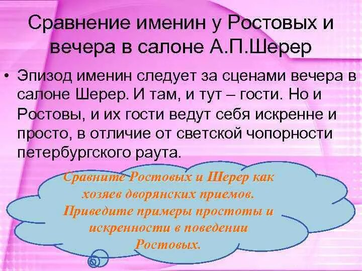 Каков характер разговоров у шерер и ростовых. Сопоставление салона шерер и именин ростовых. вечер в салоне шерер и именины у ростовых. салон шерер и именины у ростовых сравнение. гости на именинах у ростовых.