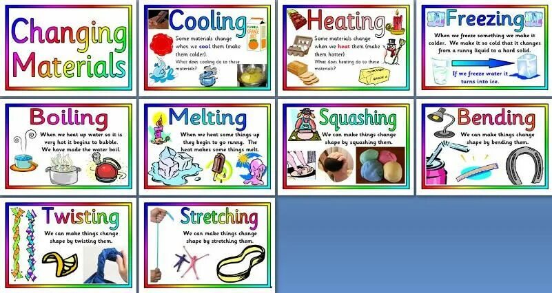 Material change. Changing materials. changing materials for kids. primary materials. changing shape materials.