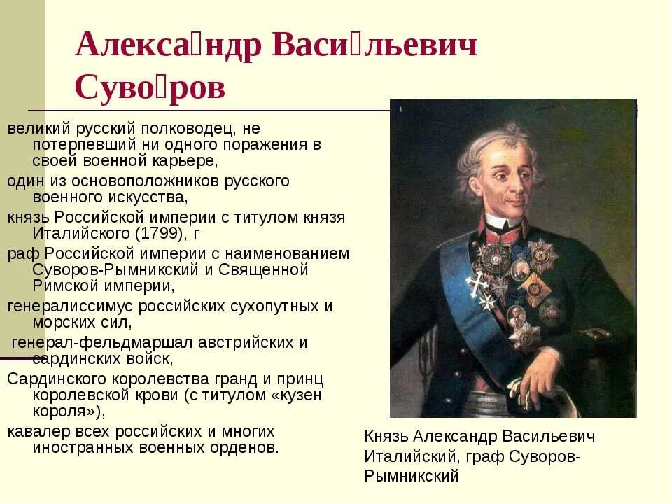 Полководцы россии кратко. Великие полководцы России Суворов.