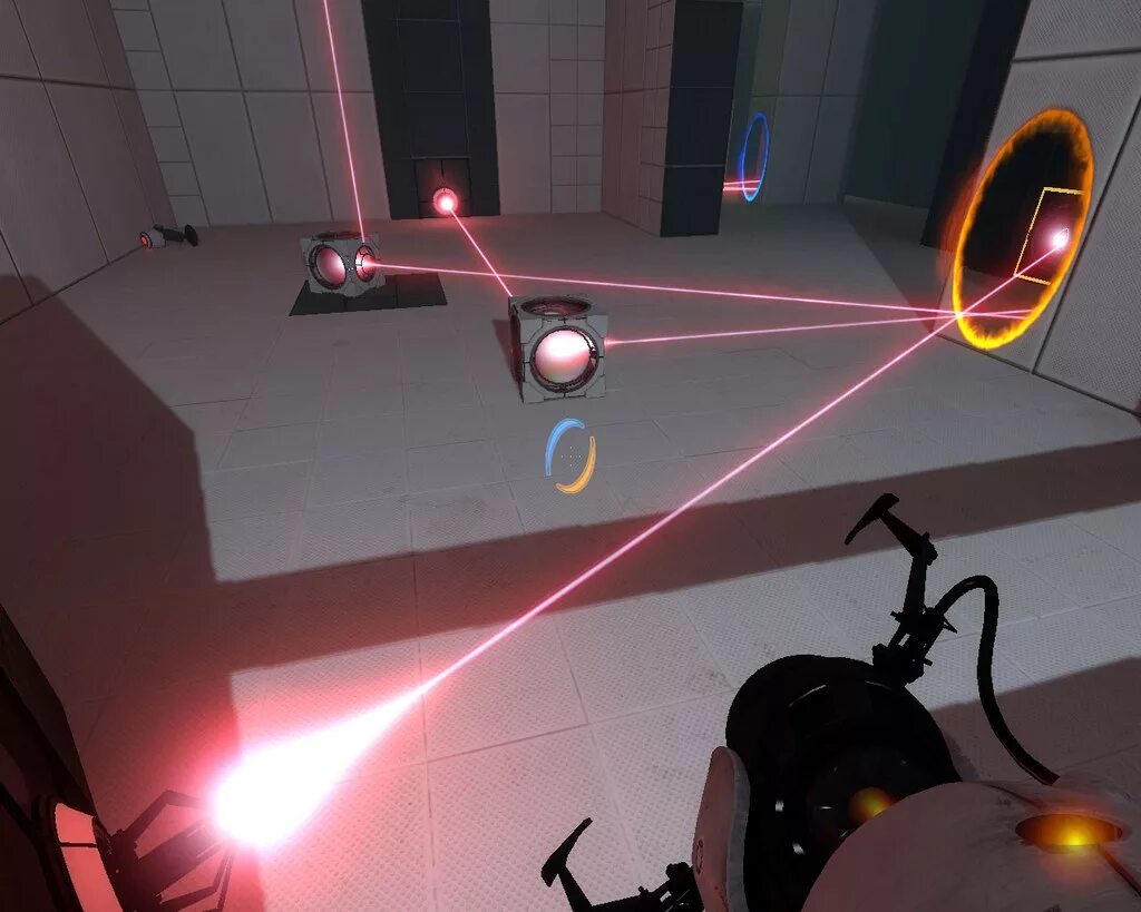 Portal 2 лазер. Portal 2 Triple Laser. Portal 2 сплит скрин. Портальные пушки игра.