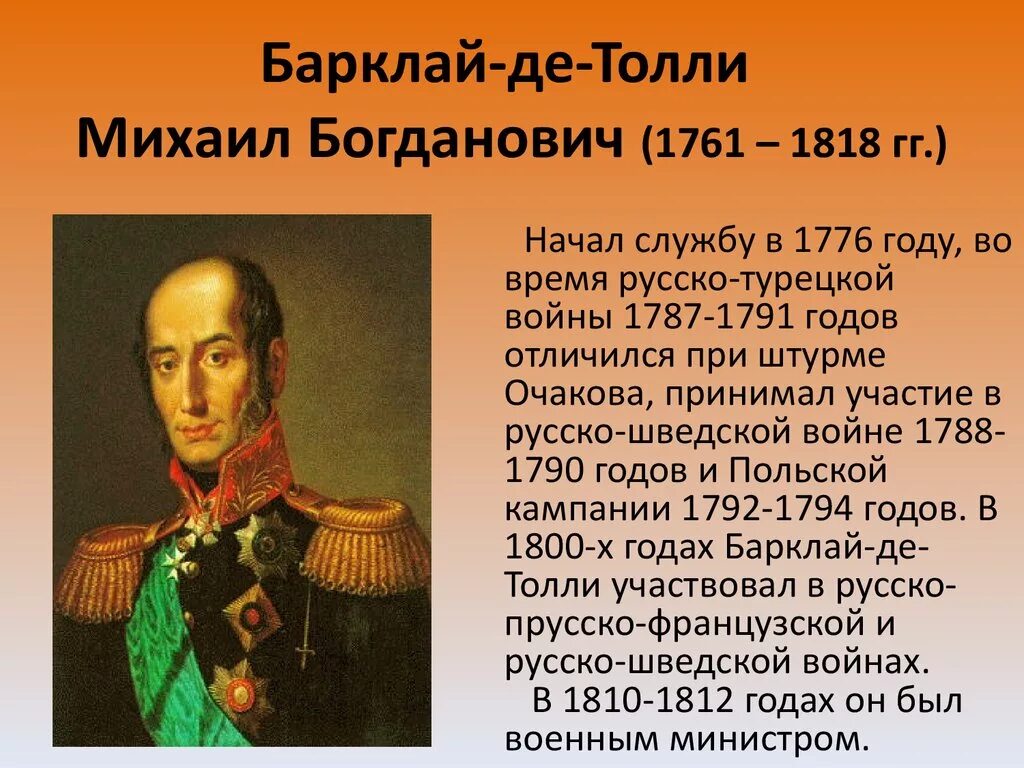 Кто является командующим русской армией. Барклай де Толли (1761–1818). Михаила Богдановича Барклая-де-Толли. Барклай де Толли сообщение 1812.