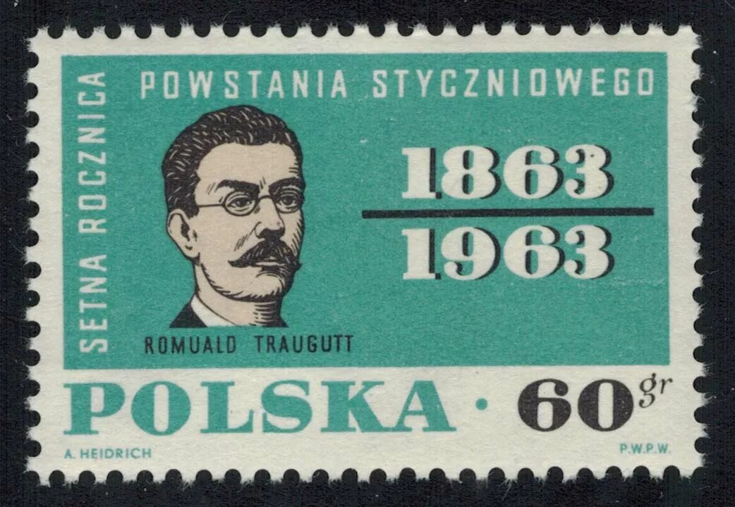 1 19 63. Ромуальд Траугутт. Марка Польша 60gr. Польша 1963. Почтовой марке Польши 1963 года.