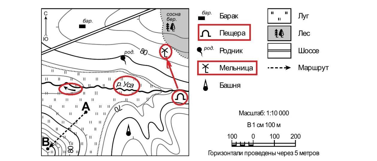 В каком направлении от башни находится церковь. В каком направлении от пещеры расположена башня. На каком берегу реки усы находится башня. В каком направлении от родника расположена пещера. В каком направлении от башни расположена мельница.