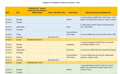 Insights IAS Timetable for Prelims Test Series - 2018 100 Questions, Syllab...