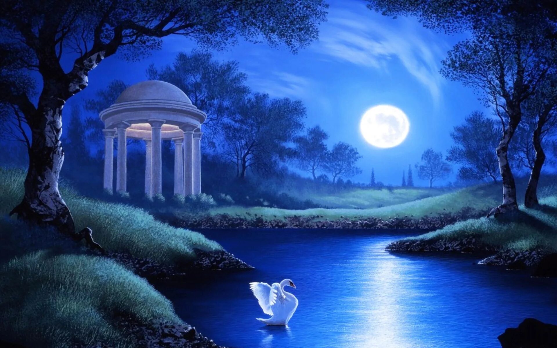 Лунный пейзаж. Сказочное озеро. Светлая ночь. Сказочный пейзаж.
