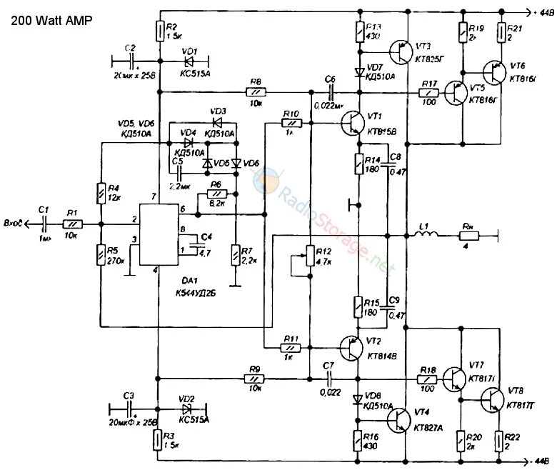 Схема УМЗЧ на 200 ватт на к544уд. Схема усилителя низкой частоты 200 ватт. Схема усилителя 200 ватт на полевых транзисторах. Схемы усилителей звука на транзисторах 200 ватт.