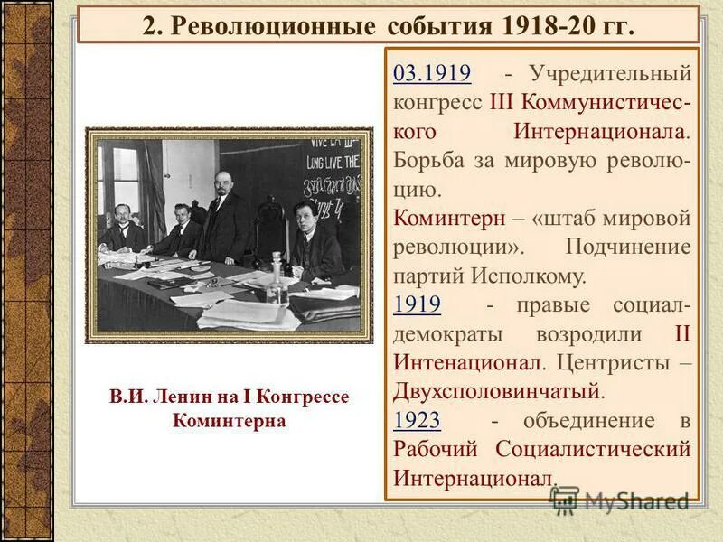 Революционное движение и образование коминтерна. Конгрессы коминтерна таблица. коммунистический интернационал 1919 таблица. коммунистический интернационал ключевые события.