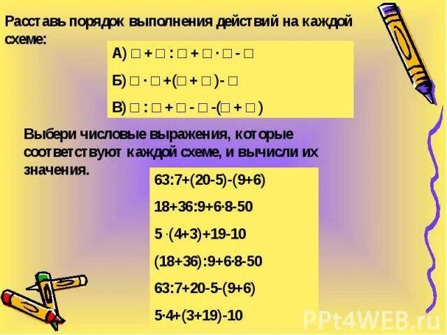 Числовые выражения порядок выполнения действий презентация. Порядок выполнения действий. Порядок выполнения действий в числовых выражениях. Порядок выполнения действий карточки. Расставь порядок выполнения действий на схеме.