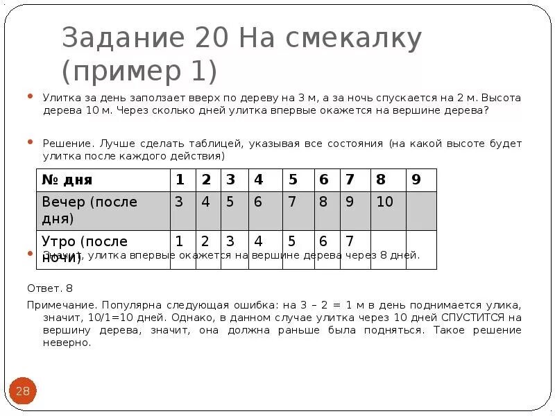 ЕГЭ математика база задачи на смекалку. Улитка за день заползает вверх по дереву. Улитка за день заползает вверх по дереву на 2 м. Улитка за день заползает вверх по дереву на 4 м. Улитка за день залезает вверх