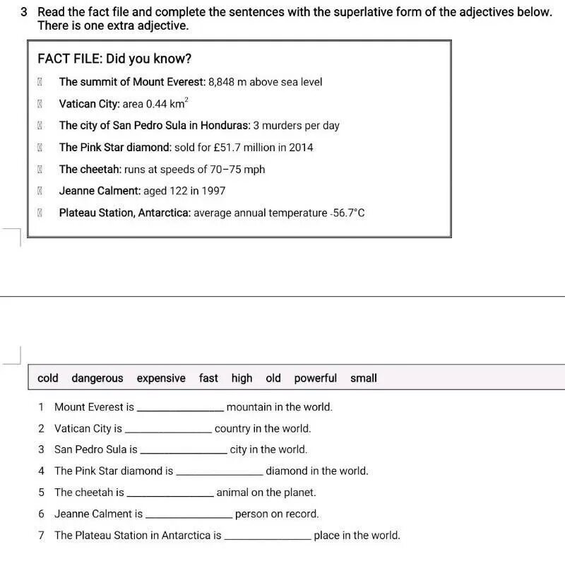 Complete the sentences with superlative forms. Complete the sentences with the adjectives below. Extra adjectives. Fact file о себе на английском. Fact file.