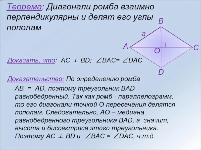 Теорема ромба 8 класс с доказательством. Теорема о диагоналях ромба. Площадь ромба доказательство теоремы 8 класс. Теорема о свойстве диагоналей ромба. Ромб свойства площадь