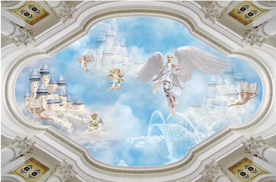 Комната свет ангел. Натяжные потолки с ангелами. Потолок с ангелочками. Фреска на потолок. Натяжной потолок с ангелами на небе.