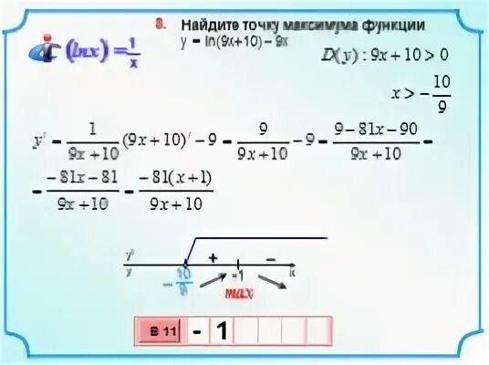 Найдите точку максимума функции ln x 9