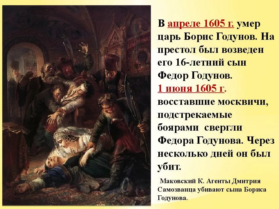 Сколько правили годуновы. Агенты Дмитрия самозванца убивают сына Бориса Годунова. Смерть царя фёдора Годунова картины. Убийство Федора Годунова в 1605 году Маковский.