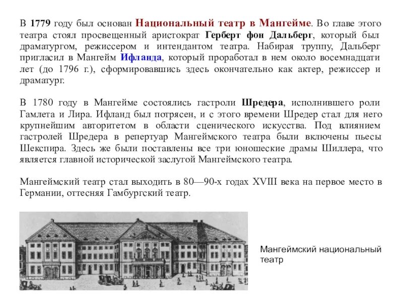 Год основания национального. Немецкий театр 18 век. Мангеймский национальный театр 18 век. Немецкий театр театр 18 века. Мангеймский театр 18 век Шиллер.