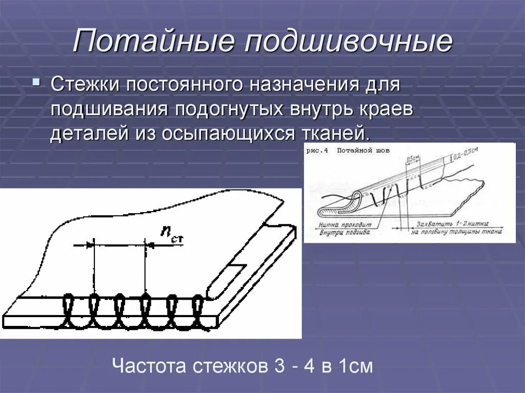 Подшивочный стежок. Ручные Стежки постоянного назначения подшивочные потайные. Потайной подшивочный стежок. Петлеобразный потайной стежок. Схема потайных подшивочных стежков.