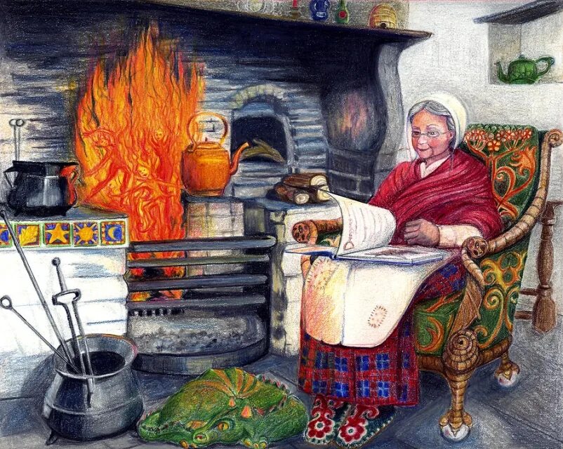 Печь в избе. Картина кот на печи. Уютные иллюстрации. Деревенский столик у окна. Чайный домик печка декупаж.