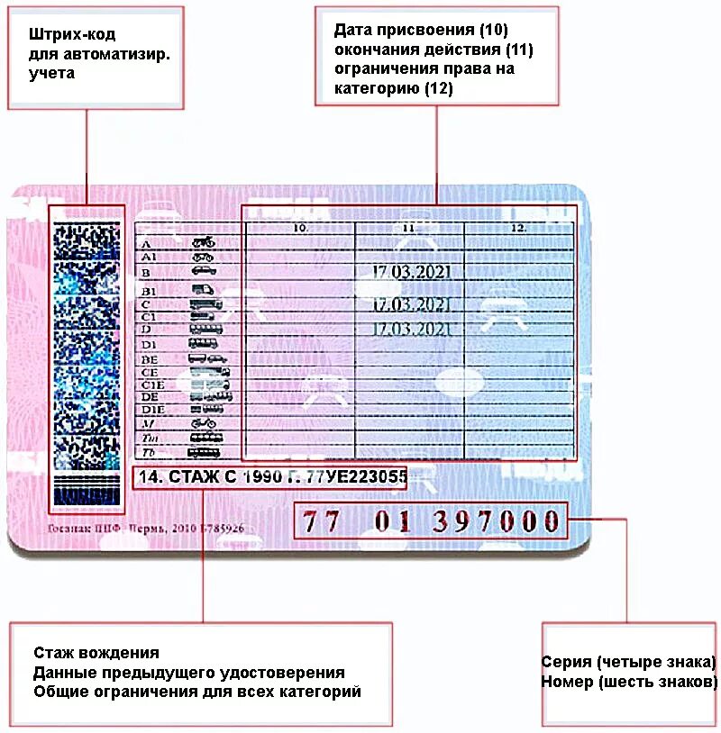 Отметки водительских прав. Расшифровка категорий водительского удостоверения нового образца. Обратная сторона водительского удостоверения нового образца.