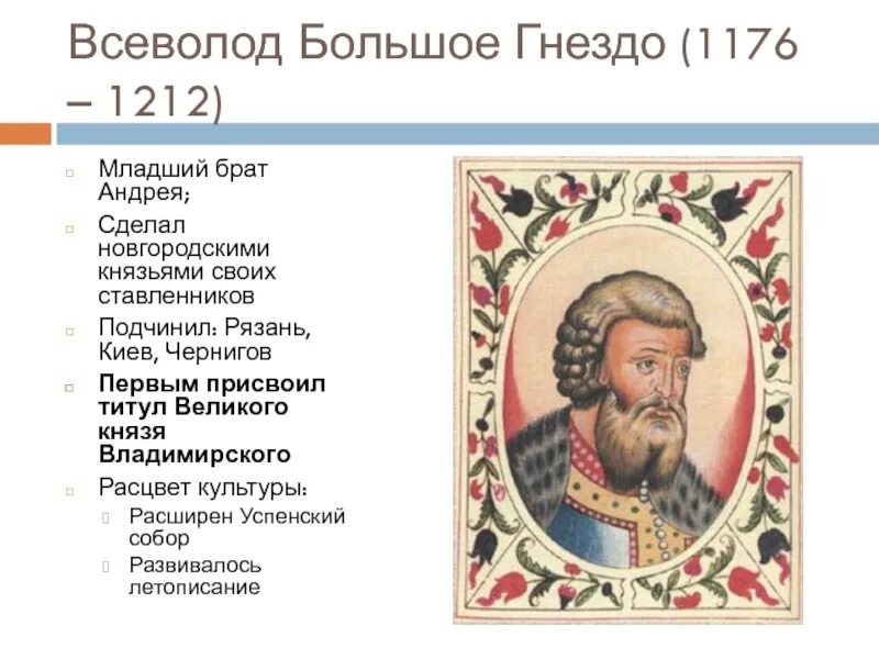 Какому князю папа римский даровал титул. Титул Всеволода большое гнездо.