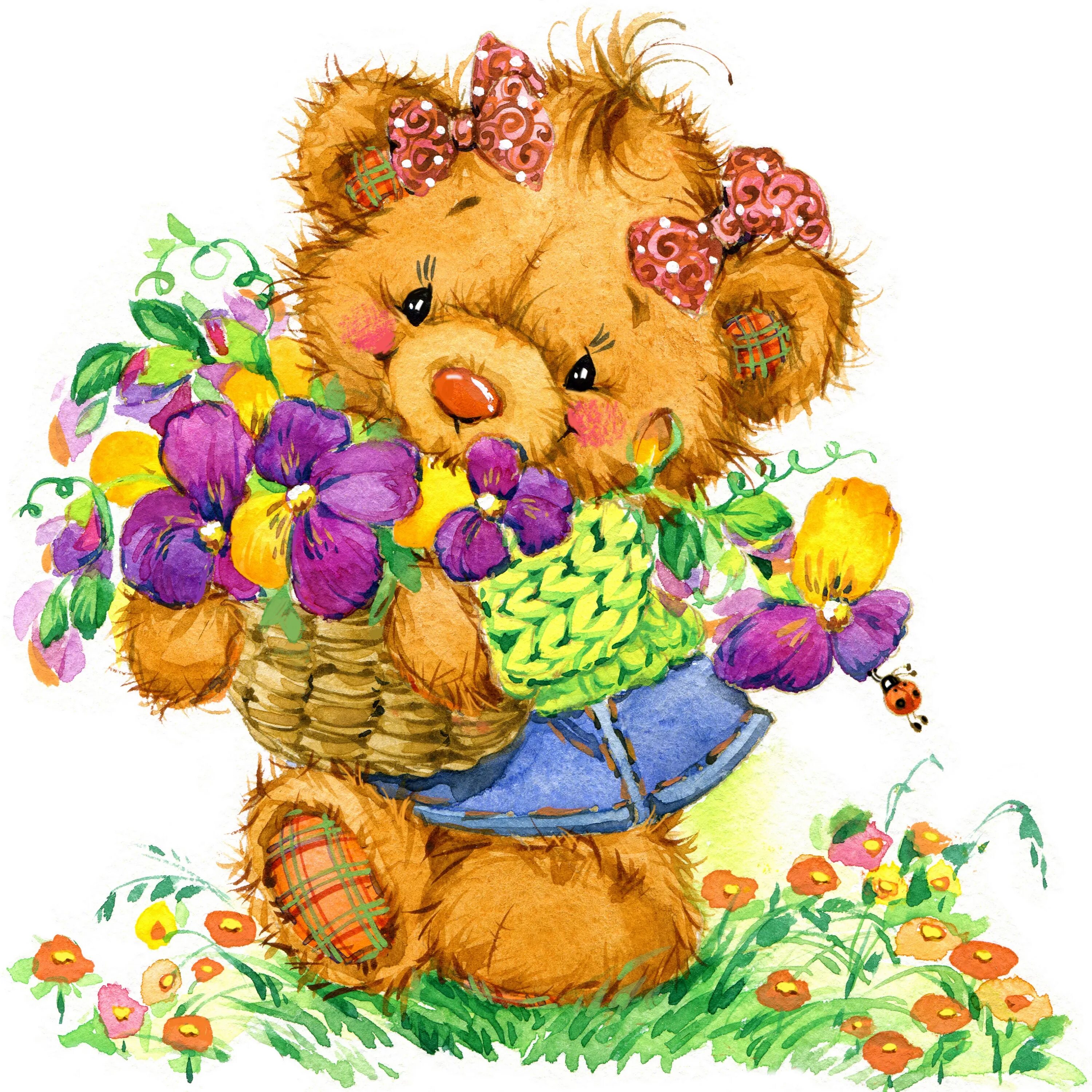 Открытки с детьми с цветами. Мишка с цветами. Красивый Медвежонок с цветами. Мишка с цветами картинки. Мишка с цветочком.