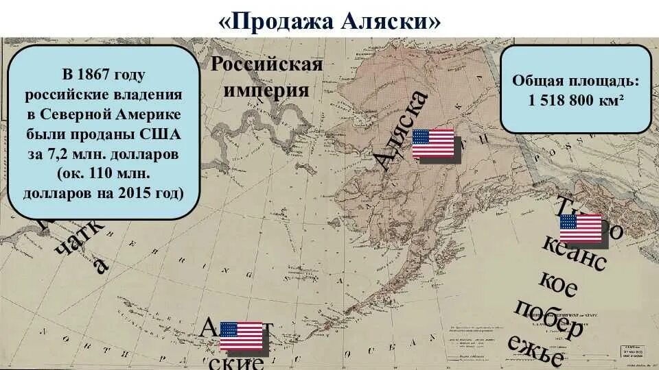 Дата продажи аляски. 1867 – Россия продала Аляску США. 18 Октября 1867 года Аляска передана США.