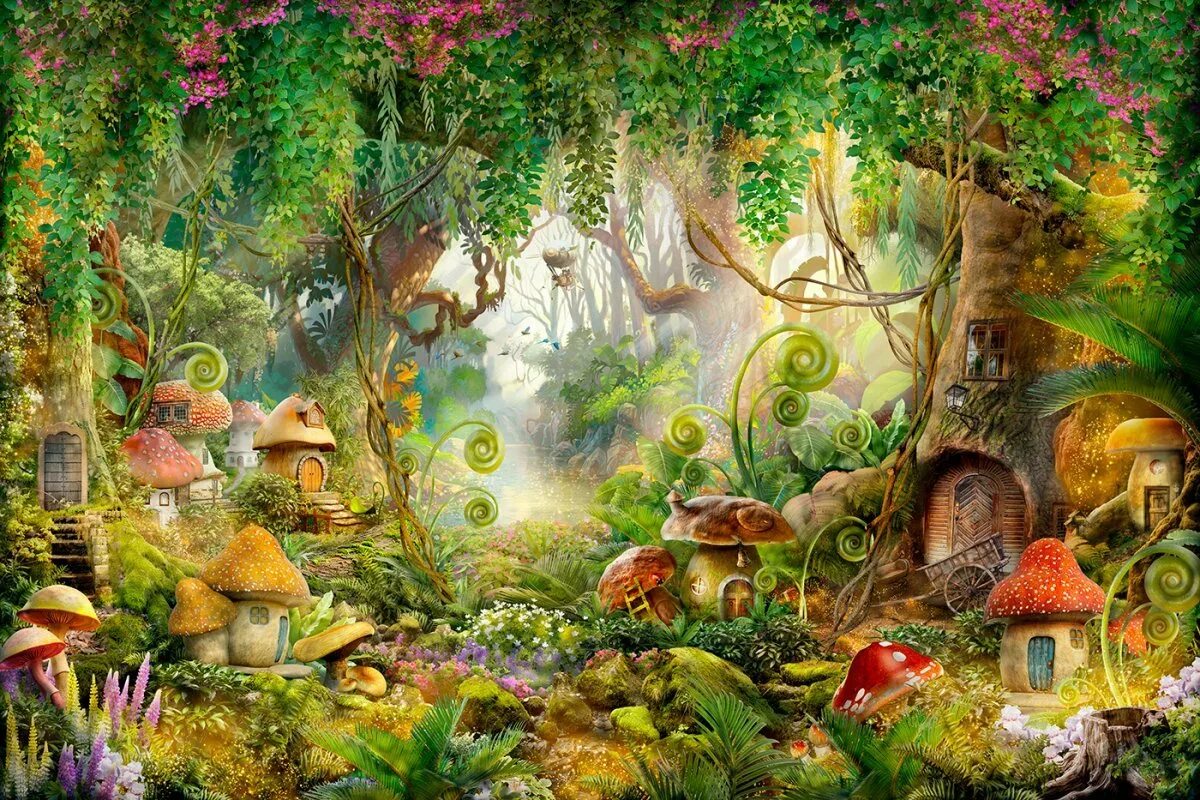 Сказочные рисунки. Домик феи Enchanted Village. Лес сказок. Волшебный сказочный лес. Картина волшебного леса.