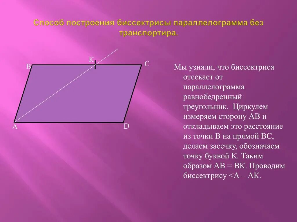 Биссектриса смежных углов параллелограмма. Свойства биссектрисы параллелограмма. Свойства биссектрисы параллелограмма с доказательством. Биссектриса угла параллелограмма. Сарйстуо биссектрис параллелограмма.