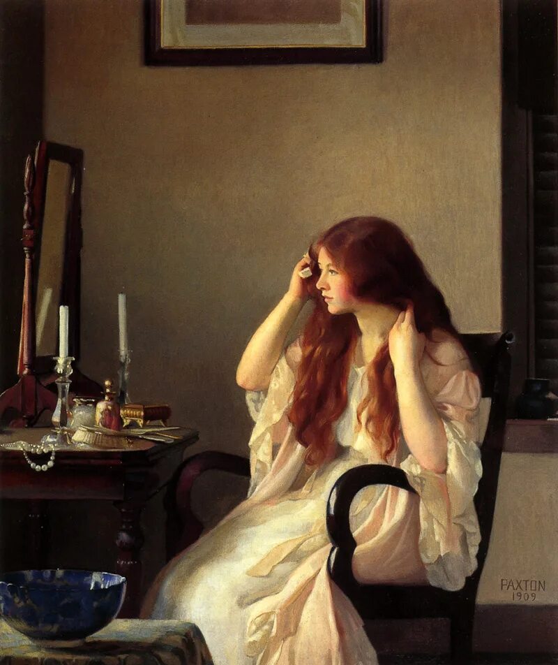Картина сидит. William MCGREGOR Paxton. Уильям Пэкстон две женщины картина. Уильям МАКГРЕГОР Пэкстон. Девушка, расчесывающая волосы. Рыжие женщины в живописи.