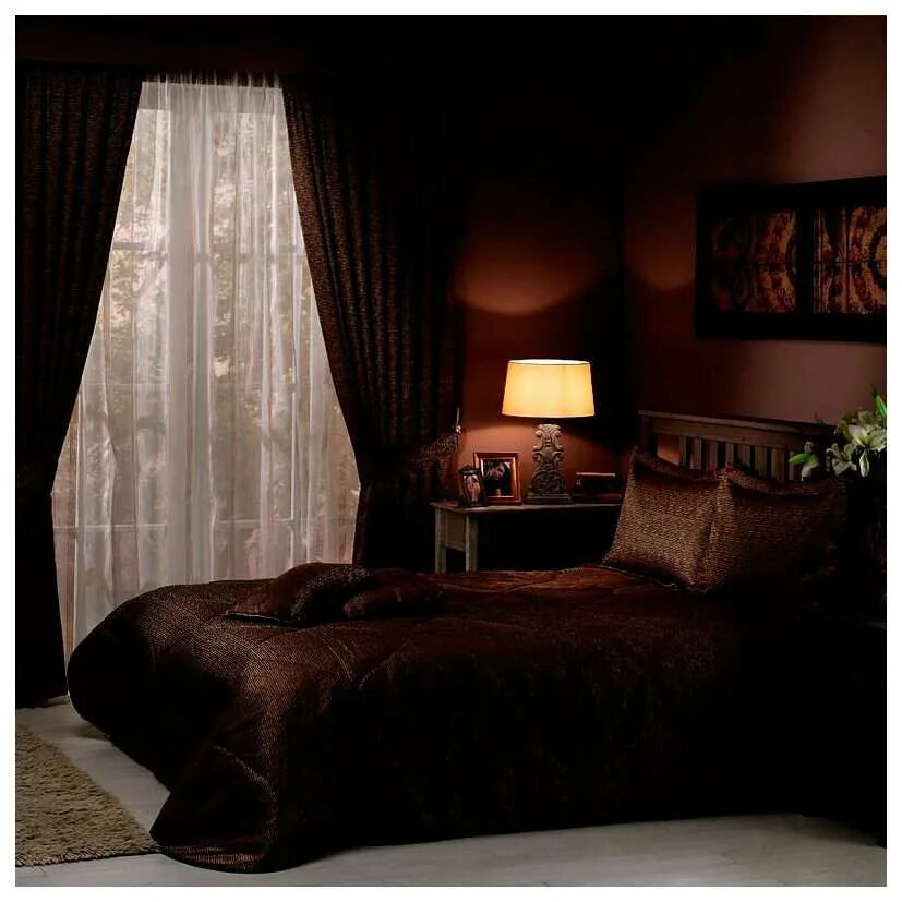 Коричнев текстиль. Шоколадная спальня. Шоколадные шторы в спальню. Коричневая спальня. Комната в темно коричневых тонах.